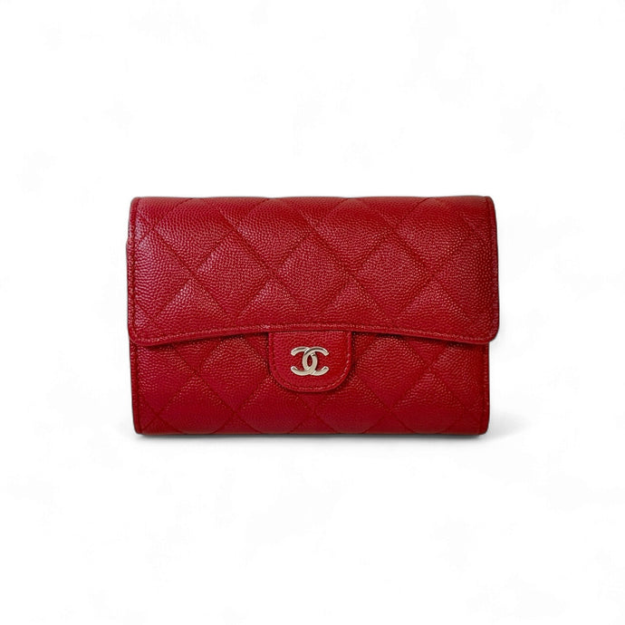 Chanel Deep Red Caviar Quilted Flap Wallet