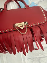 Valentino Bag, Red Smooth Leather Fringed Demilune Flap Satchel Bag