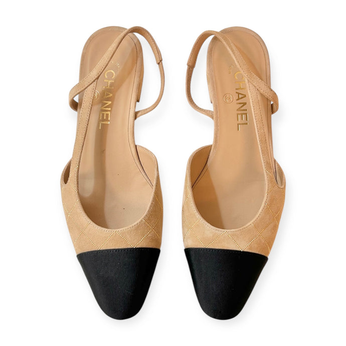 Chanel Shoes, Beige Suede Goatskin & Grosgrain Slingbacks (size 38.5)
