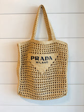 Prada Bag, Yarn Raffia Effect Crochet Logo Embroidered Tote Bag