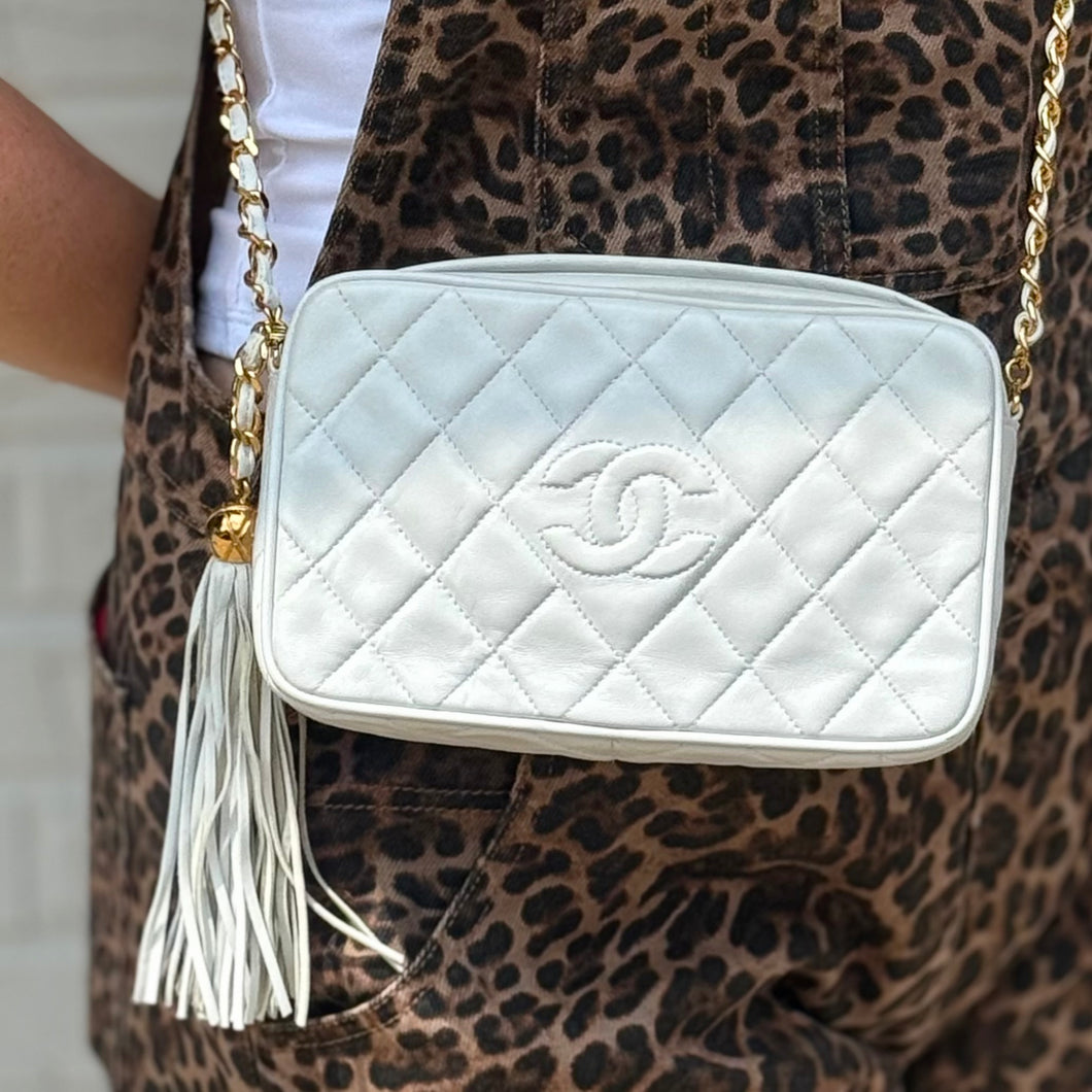 Chanel Bag, 1994 White Lambskin Leather Tassel Camera Crossbody