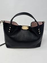 Valentino Bag, Black Leather Rockstud Small Tote Bag with Pink Interior