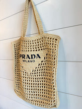 Prada Bag, Yarn Raffia Effect Crochet Logo Embroidered Tote Bag