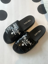 Prada Shoes, Black Sequin Logo Slides (37.5)