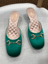 Gucci Shoes, Green Satin Crystal Horsebit Mules (size 37)