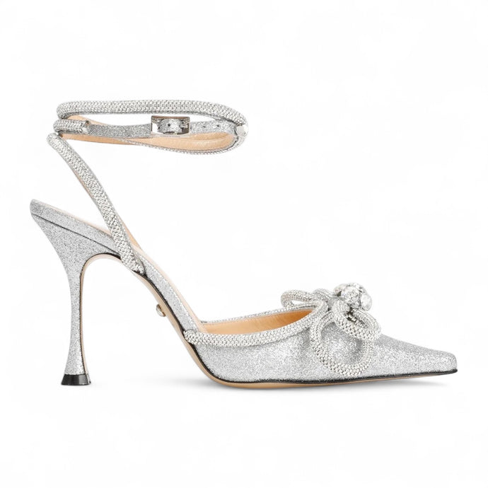 Mach & Mach Shoes, Silver Double Bow Crystal-Embellished Satin Pumps (size 37.5)