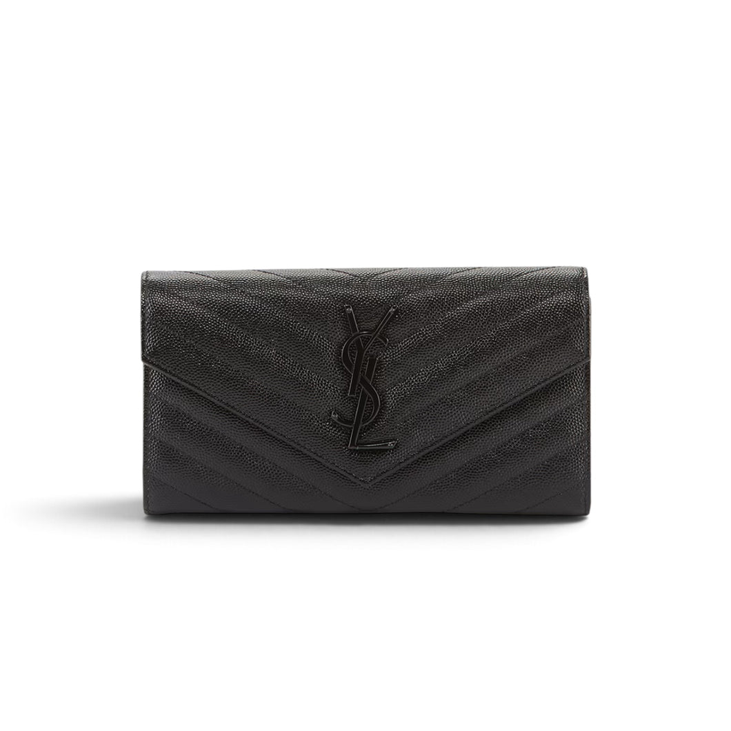 Saint Laurent Black Grain De Poudre Matelasse Chevron Monogram Large Wallet