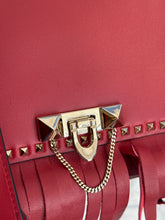 Valentino Bag, Red Smooth Leather Fringed Demilune Flap Satchel Bag