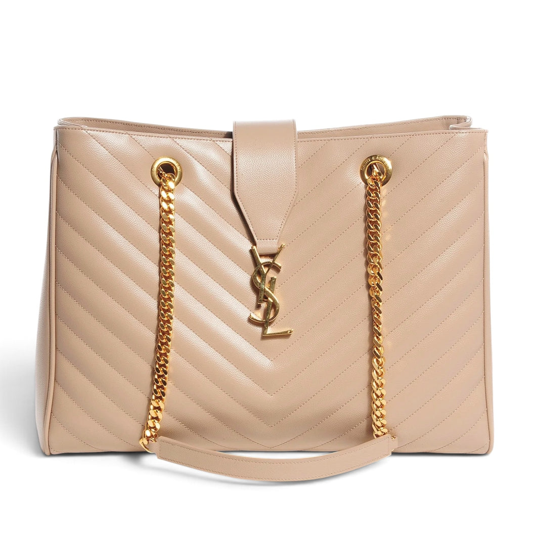 Saint Laurent Bag, Beige Grain De Poudre Matelasse Chevron Monogram Shopping Bag