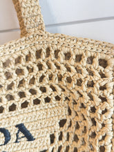 Prada Bag, Yarn Raffia Effect Crochet Logo Embroidered Tote Bag