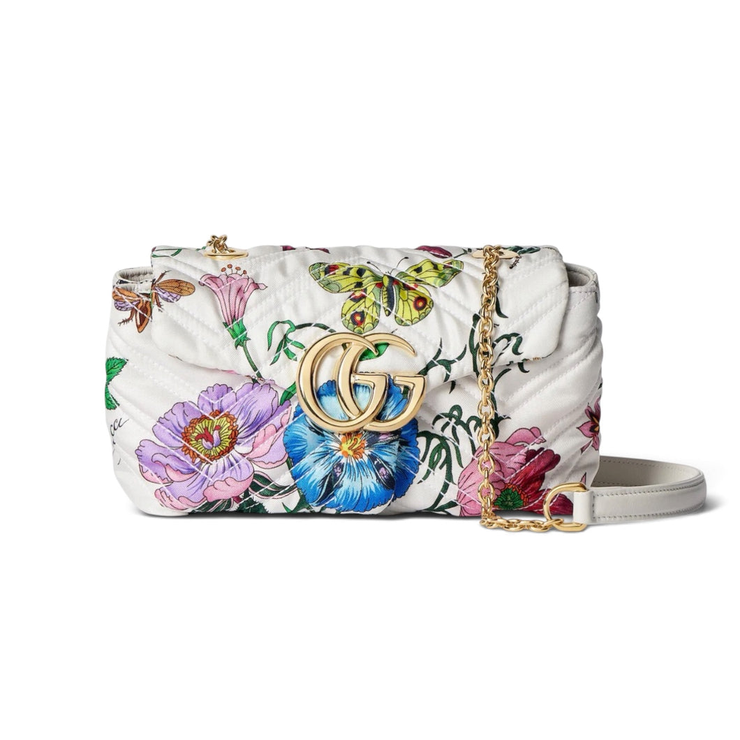 Gucci Bag, White Silk Flora-Motif Print GG Mini Marmont Bag
