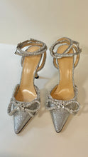 Mach & Mach Shoes, Silver Double Bow Crystal-Embellished Satin Pumps (size 37.5)