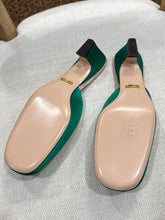 Gucci Shoes, Green Satin Crystal Horsebit Mules (size 37)