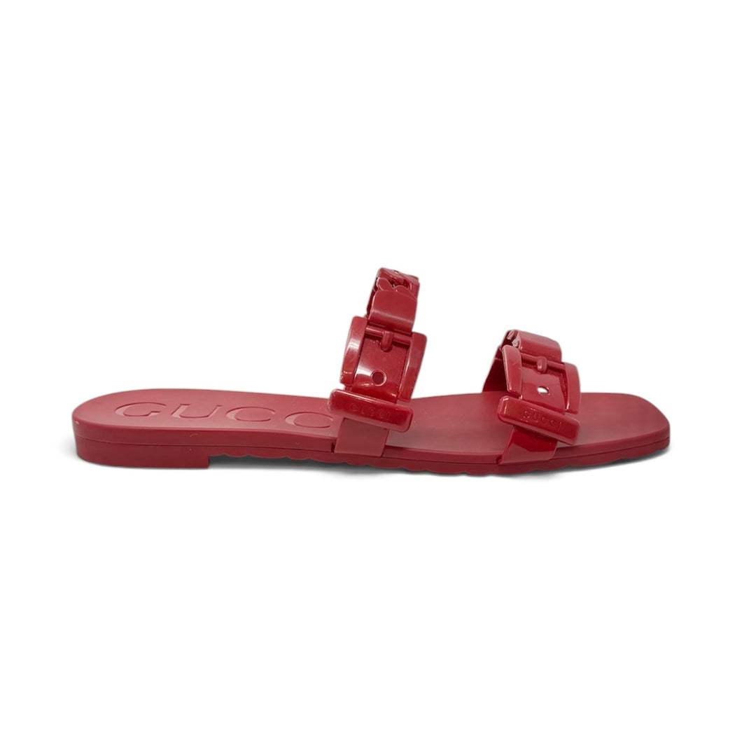 Gucci Shoes, Red Rubber Buckle Sandals (size 37)
