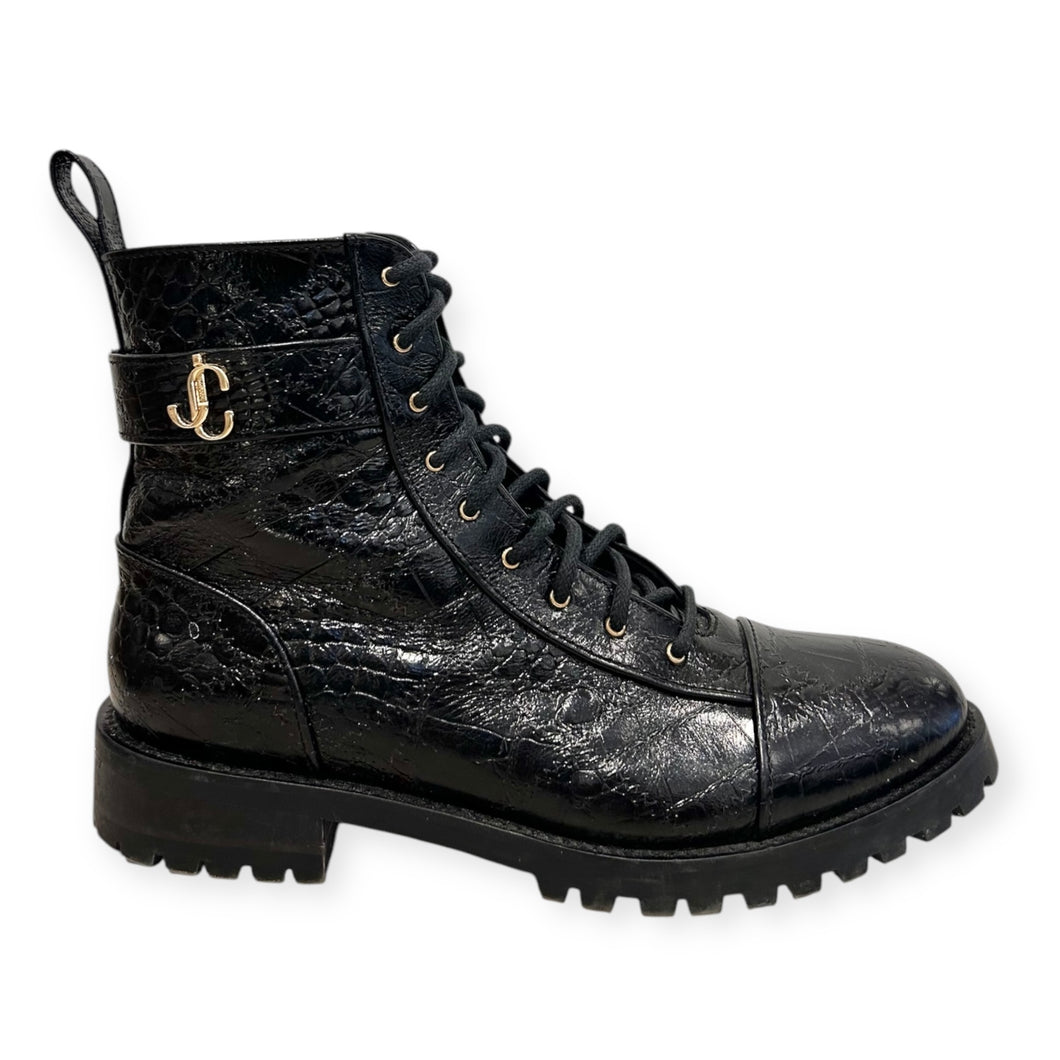 Jimmy Choo Shoes, Black Croc-Embossed Combat Boots (size 39.5)