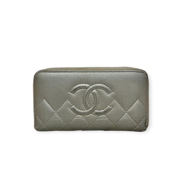 Chanel Silver Caviar Quilted Zip Around Wallet