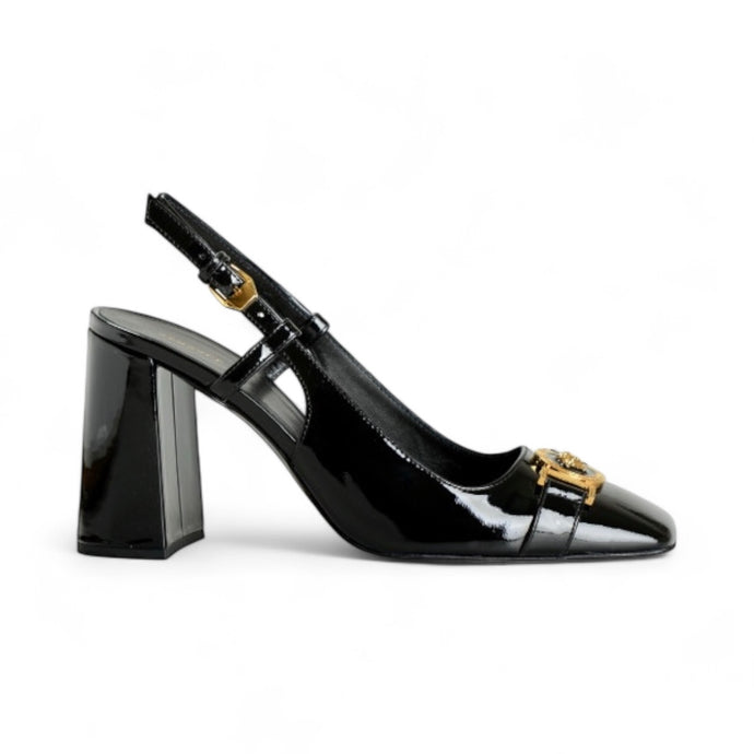 Versace Shoes, Gold Medusa Vernice Black Patent Leather Heels (size 38)