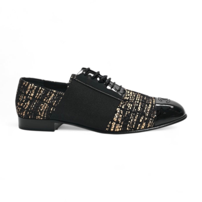 Chanel Shoes, Black & Gold Tweed Patent CC Lace Up Oxfords (size 39.5)