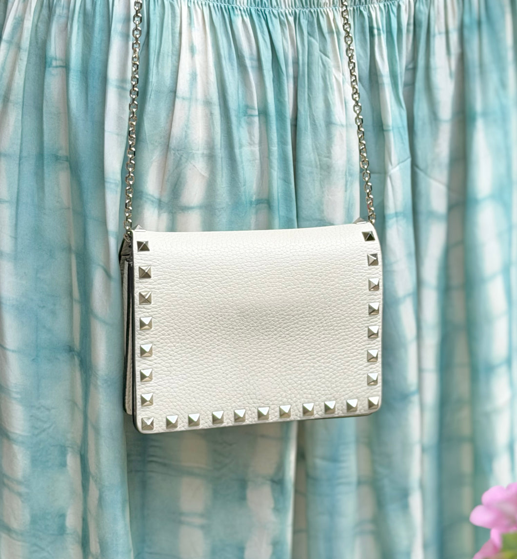 Valentino Bag, Off-White Pebbled Leather Rockstud Clutch on Chain
