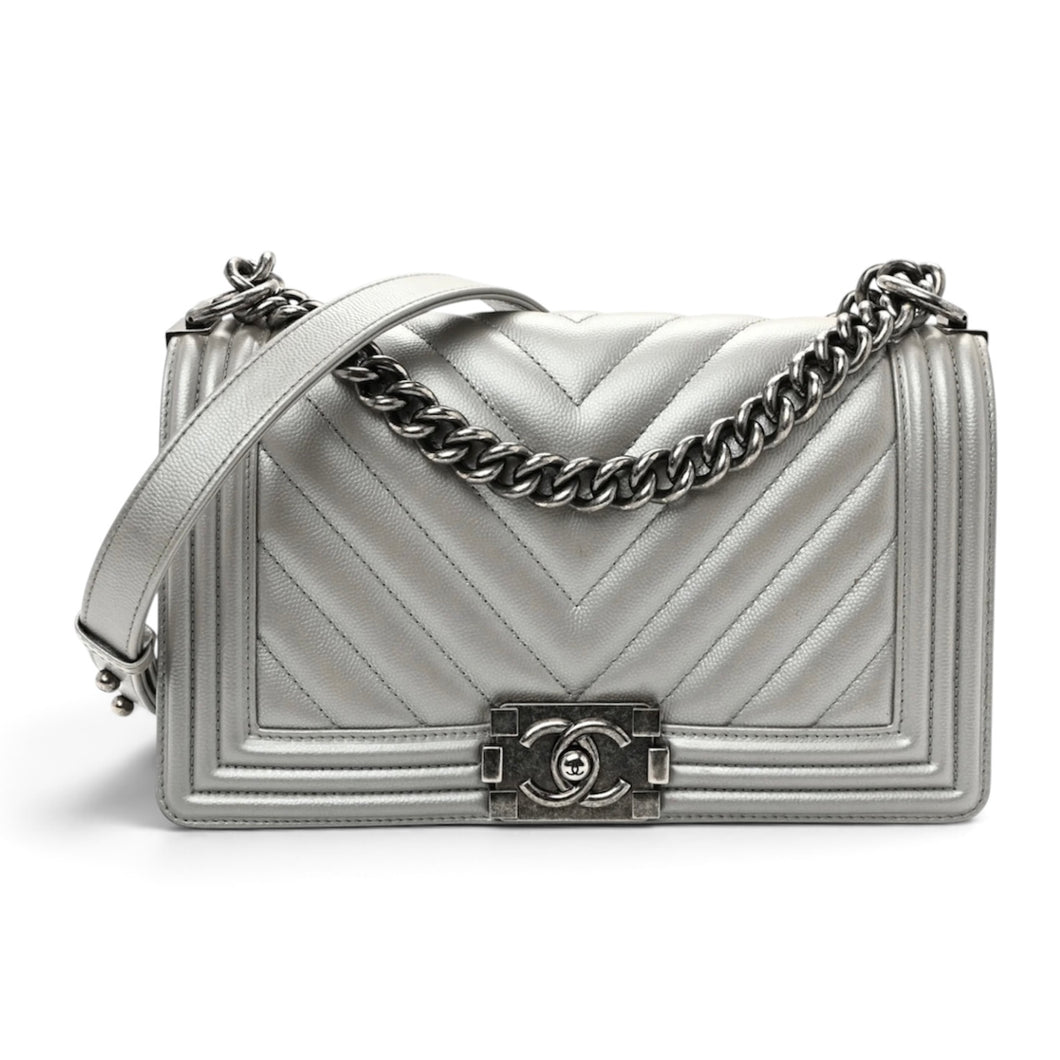 Chanel Bag, 2016 Silver Metallic Caviar Chevron Quilted Medium Boy Flap Bag