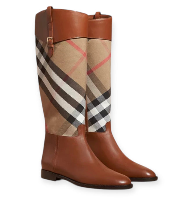 Burberry Shoes, Tan Leather Plaid Tall Boots (size 38)