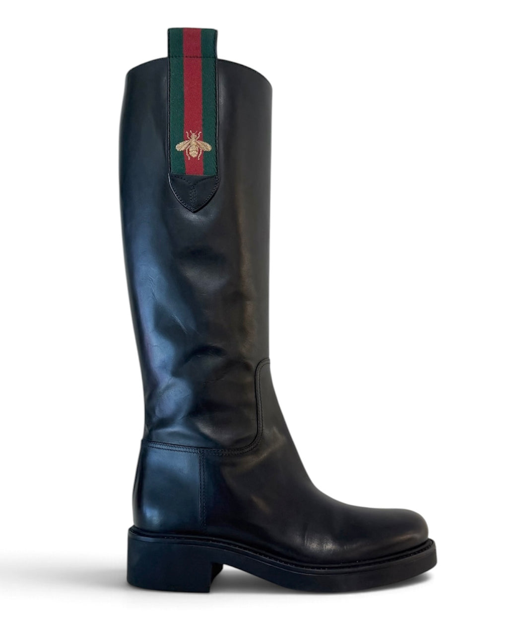 Gucci Shoes, Black Leather Web Accent Riding Boots (size 37)