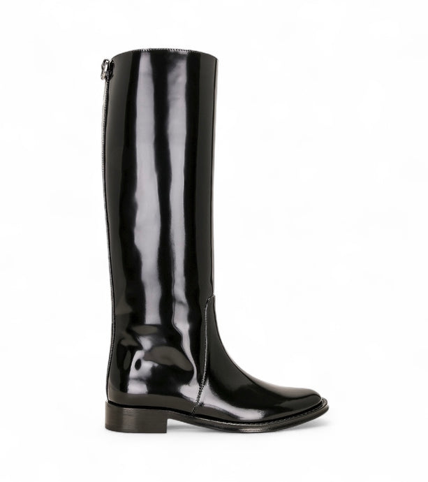 Saint Laurent Shoes, Black Glossy Leather Hunt Boots (size 39.5)