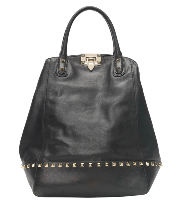 Valentino Bag, Black Leather Rockstud New Dome Bucket Tote
