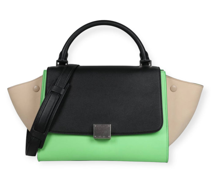 Celine Bag, Lime Smooth Calfskin Small Tricolor Trapeze Tote