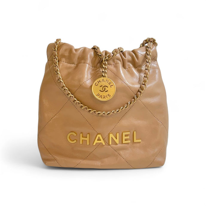 Chanel Bag, Beige Shiny Calfskin Leather 22 Mini Hobo Crossbody