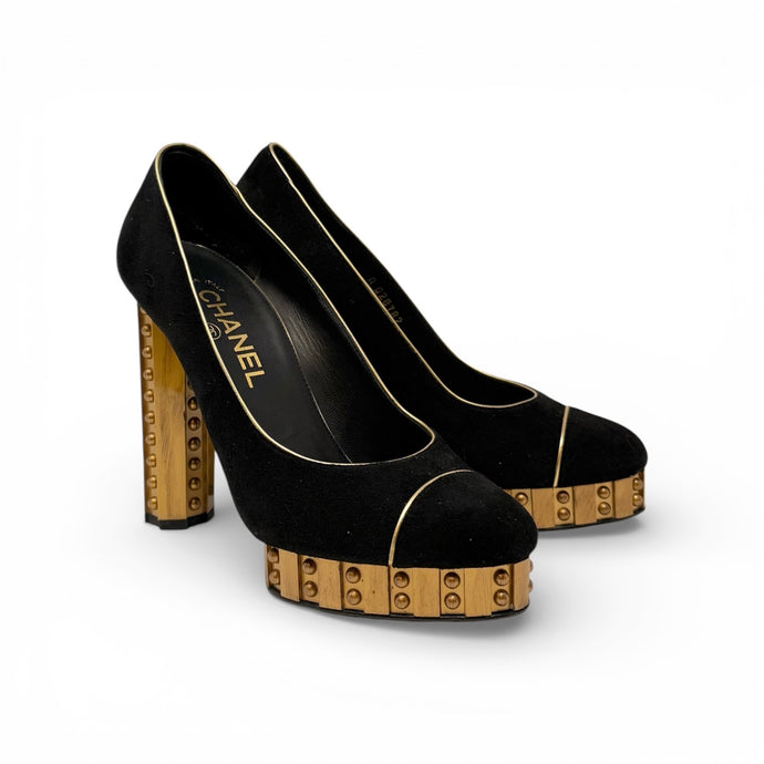 Chanel Shoes, Black Suede Platform Gold Trim Pumps (size 38)