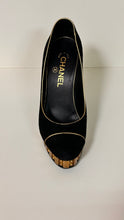 Chanel Shoes, Black Suede Platform Gold Trim Pumps (size 38)