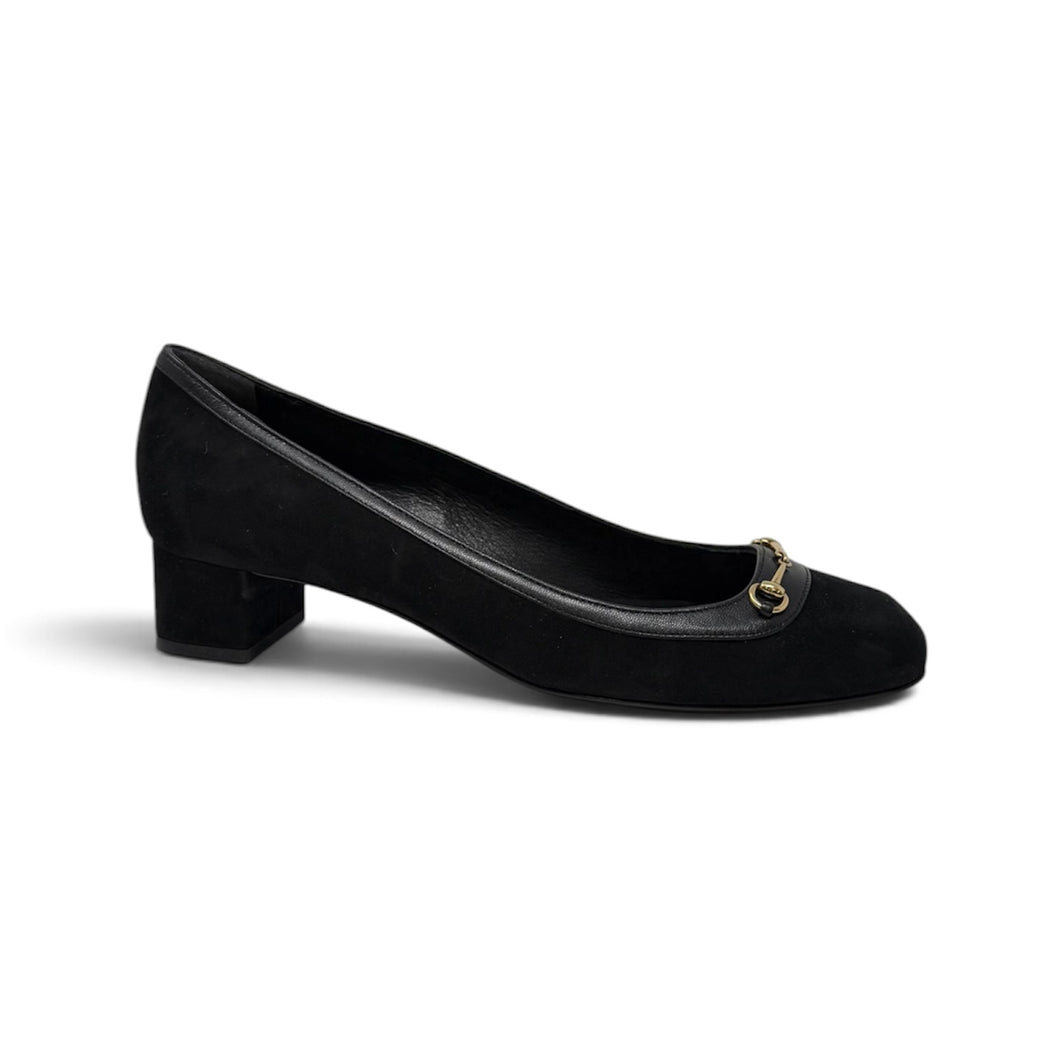 Gucci Shoes, Black Suede Horsebit Block Heels (size 37.5)