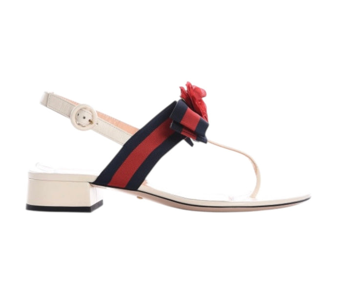 Gucci Shoes, White Calfskin Web Cindi Rose T-Strap Sandals (size 38.5)