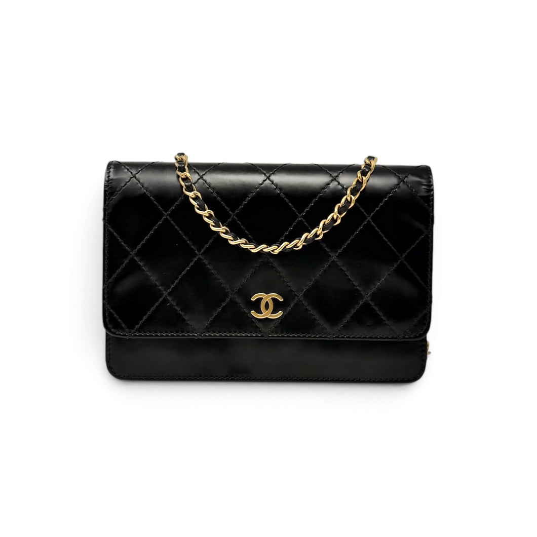 Chanel Bag, 2004 Black Glazed Calfskin Quilted Wallet on Chain