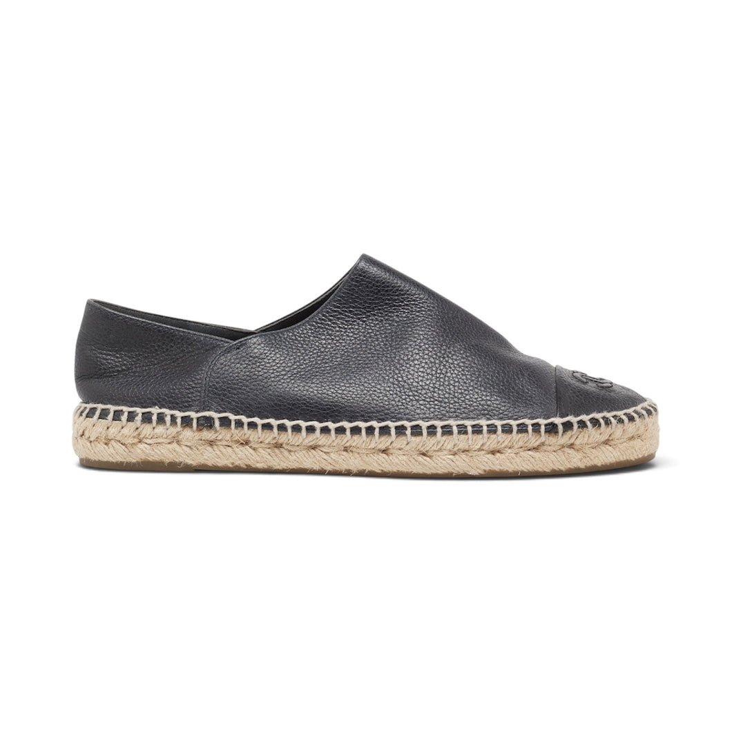 Chanel Shoes, Black Leather Espadrille Mules / Slides (size 36)