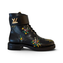 Louis Vuitton Shoes, Black Leather Floral Print Flat Ranger Boots (size 36.5)