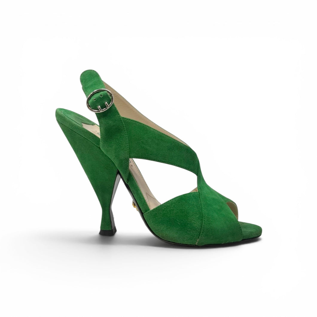 Prada Shoes, Green Suede Criss Cross Slingback Heels (size 39.5)