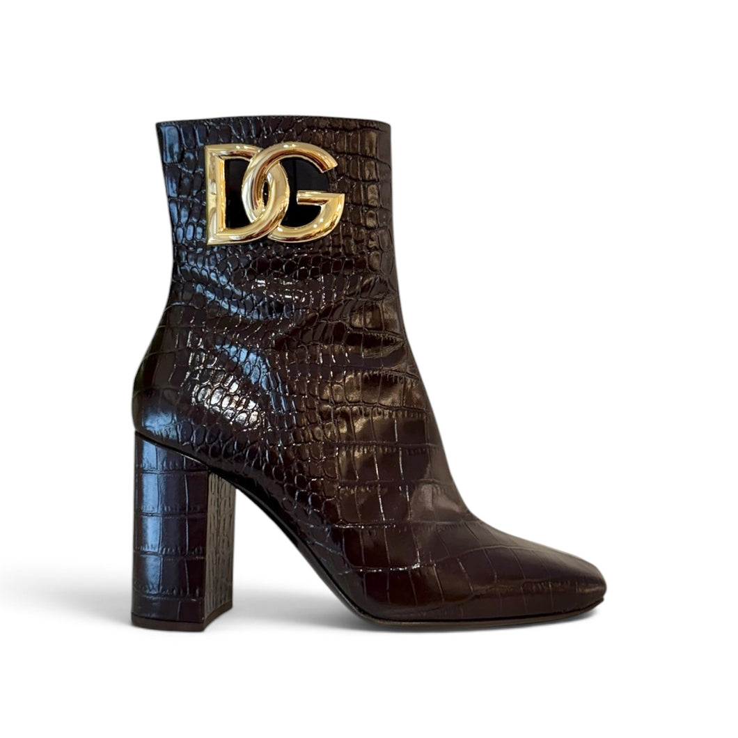 Dolce & Gabbana Shoes, Brown Croc-Embossed Heeled Boots (size 37)