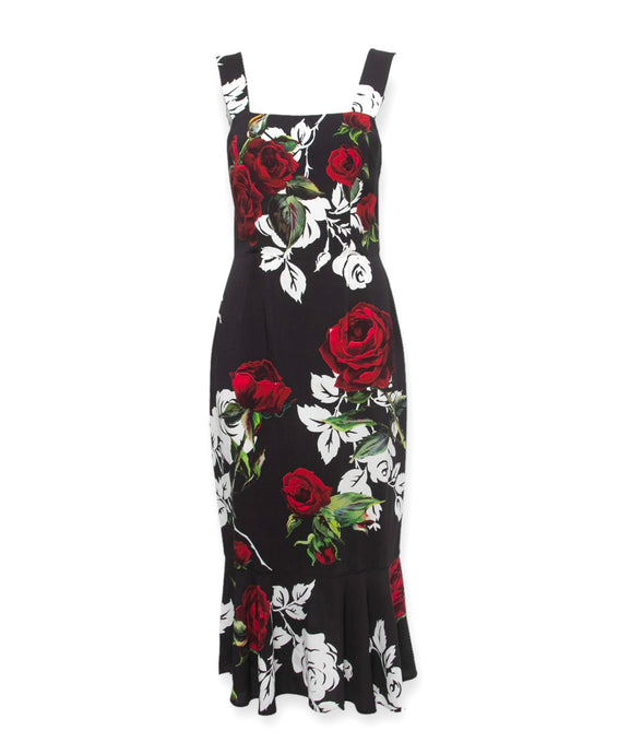 Dolce & Gabbana Black Rose Print Crepe Sleeveless Midi Dress