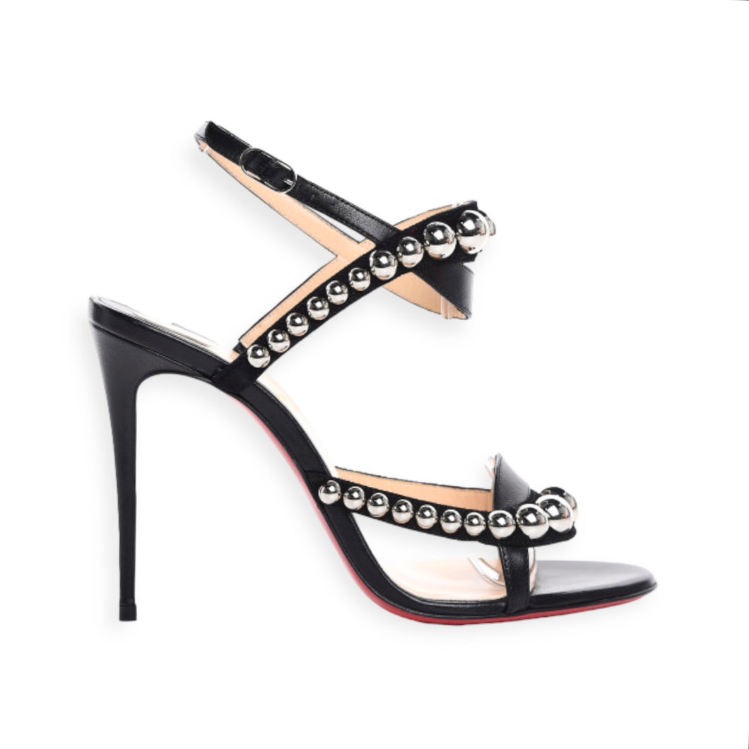 Christian Louboutin Shoes, Black Shiny Nappa Suede Galeria 100 Sandals (size 40)