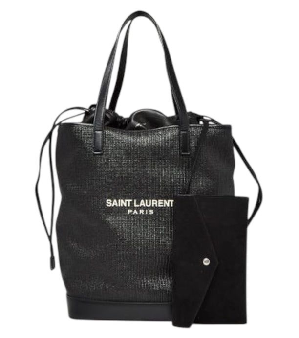 Saint Laurent Bag, Black Raffia & Leather Teddy Drawstring Tote Bag
