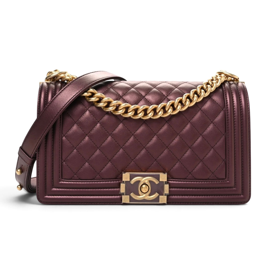 Chanel Bag, 2020 Burgundy Metallic Calfskin Quilted Medium Boy Flap Bag