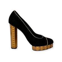 Chanel Shoes, Black Suede Platform Gold Trim Pumps (size 38)