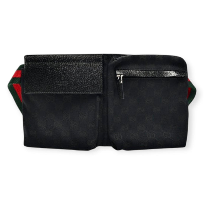 Gucci Bag, Black GG Monogram Web Double Pocket Belt Bag