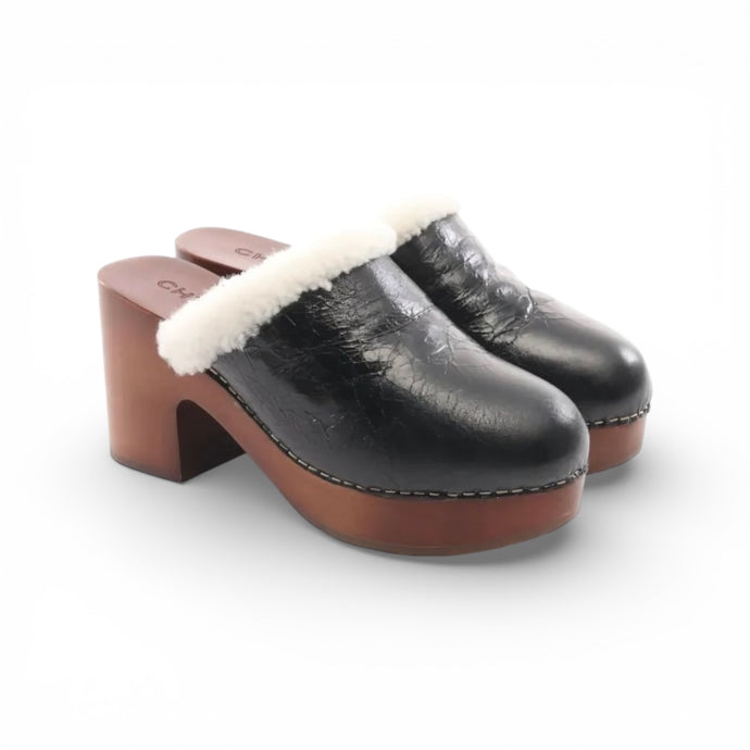Chanel Shoes, Black Leather & Shearling Platform Clogs (size 38)