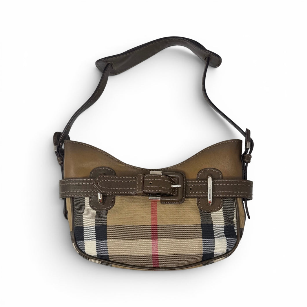 Burberry Bag, Brown Leather Plaid Canvas Small Shoulder Bag