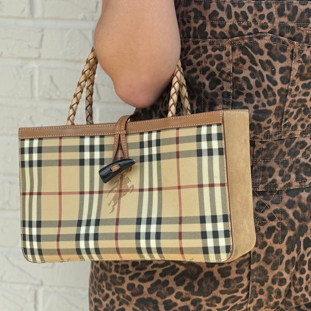 Burberry Bag, Plaid Canvas & Suede Braided Handle Small Bag