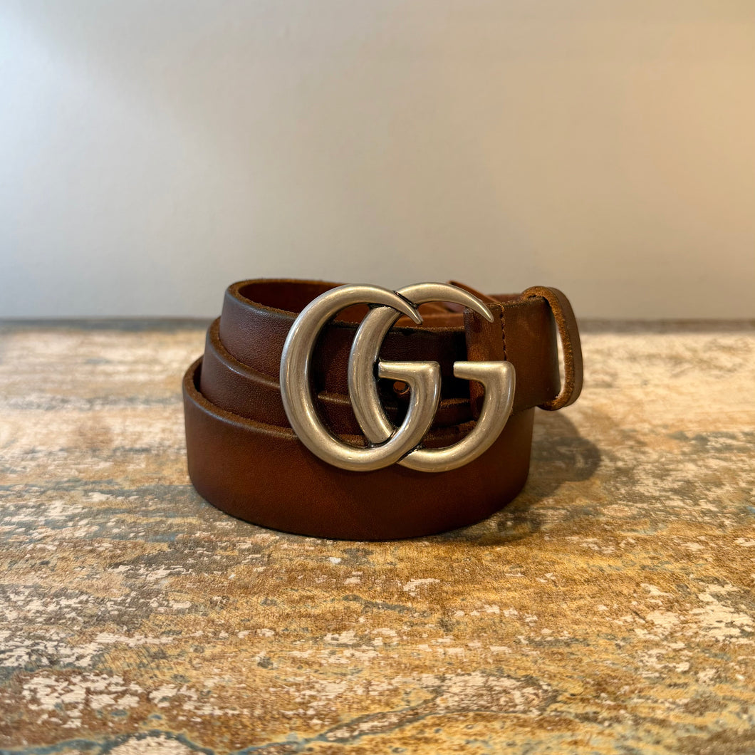 Gucci Brown Leather Silver GG Belt (size 95)