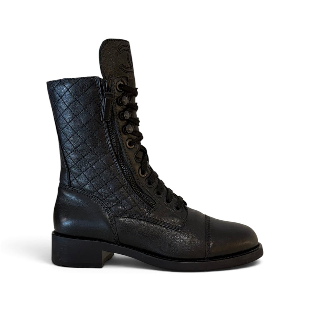 Chanel Shoes, Black Leather Combat Boots (size 37)